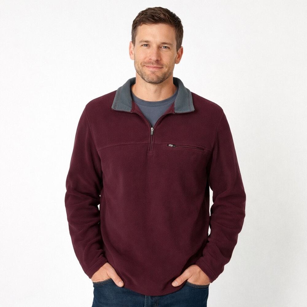 L.L. Bean Fleece Pullover Mens Large Tall Burgundy 1/4 Zip Sweater Cottage Cabin